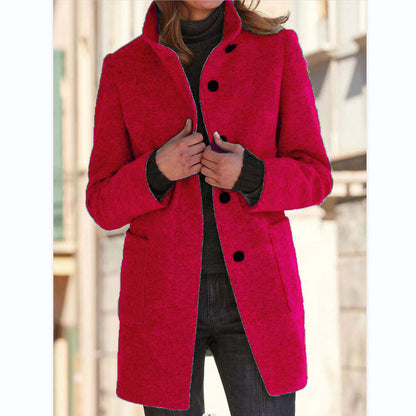 Stand Collar Woolen Coat With Pockets Fall Winter Casual Button Outwear For Women Clothing