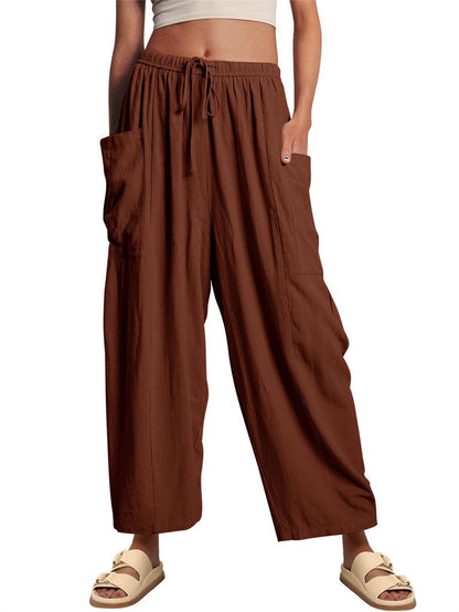 Wide Leg Elastic High Waist Pleated Trousers Solid Color