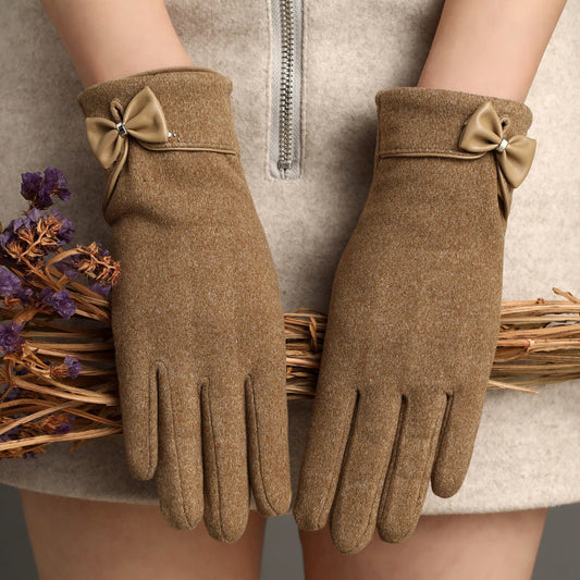 Fleece-Lined De Suede Bow Gloves Touch Screen