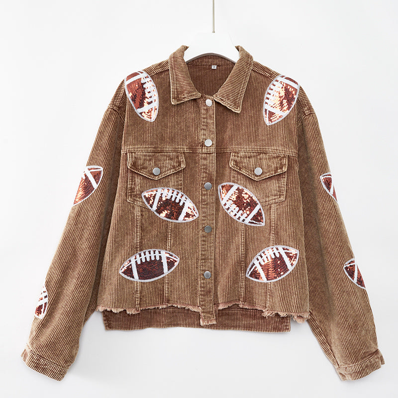 Corduroy Jacket Rugby Print Baseball Jacket