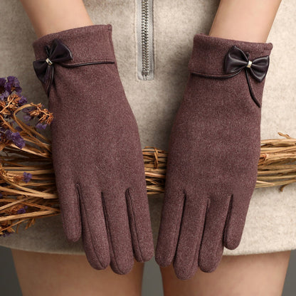 Fleece-Lined De Suede Bow Gloves Touch Screen