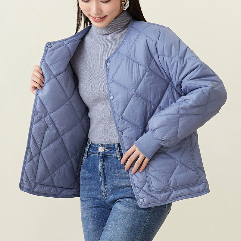 Rhombus Warm Round-Neck Lightweight Jacket With Pockets