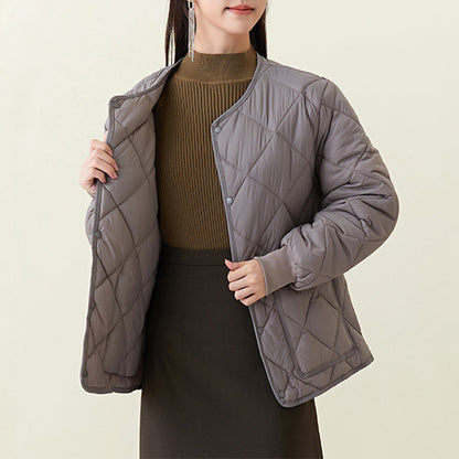 Rhombus Warm Round-Neck Lightweight Jacket With Pockets