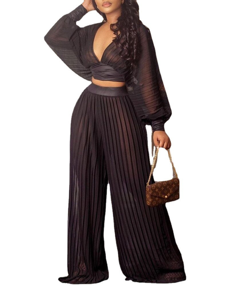 Pleated Wide-Leg Pants Two-Piece Suit