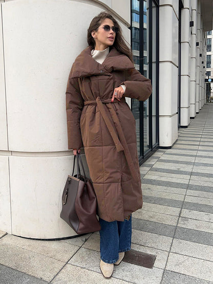 Long Coat Winter Jacket With Pockets And Lace-Up Design Thick Coat