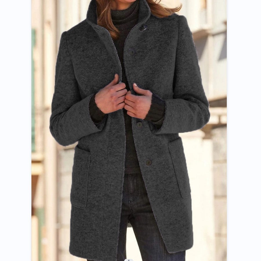 Stand Collar Woolen Coat With Pockets Fall Winter Casual Button Outwear For Women Clothing