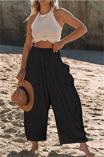 Wide Leg Elastic High Waist Pleated Trousers Solid Color