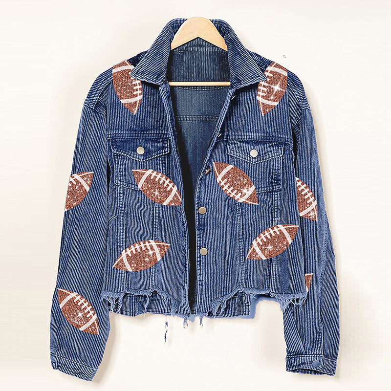 Corduroy Jacket Rugby Print Baseball Jacket