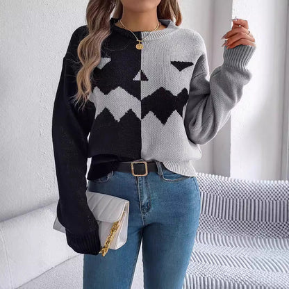 Halloween Contrast-Color Pullover  Long Sweater