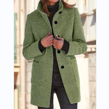 Stand Collar Woolen Coat With Pockets Fall Winter Casual Button Outwear For Women Clothing