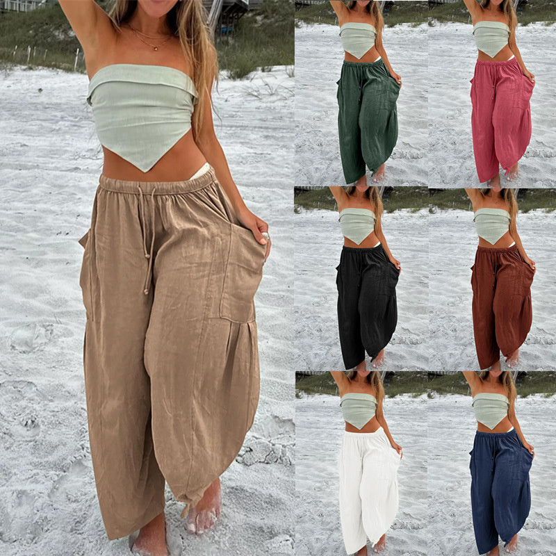 Wide Leg Elastic High Waist Pleated Trousers Solid Color