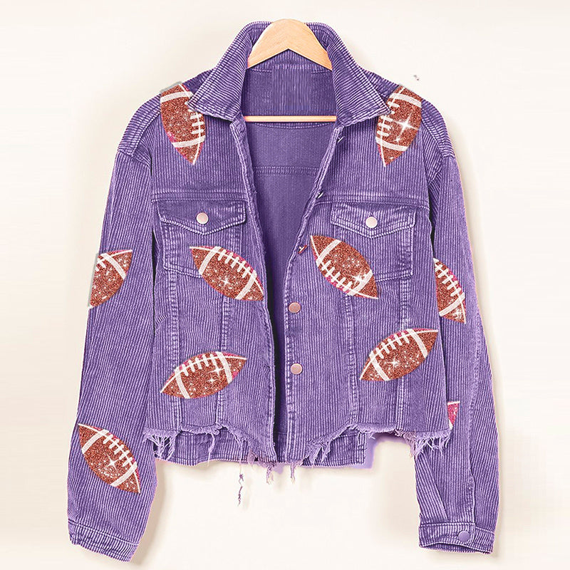 Corduroy Jacket Rugby Print Baseball Jacket