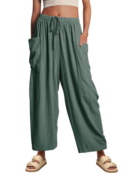 Wide Leg Elastic High Waist Pleated Trousers Solid Color