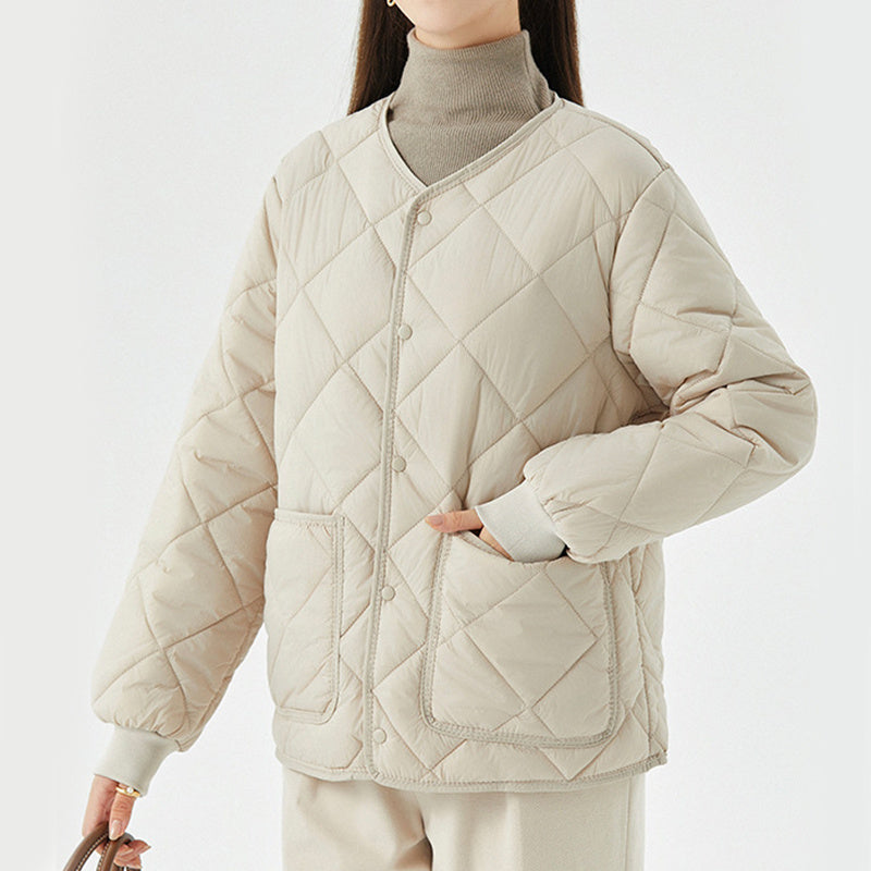 Rhombus Warm Round-Neck Lightweight Jacket With Pockets