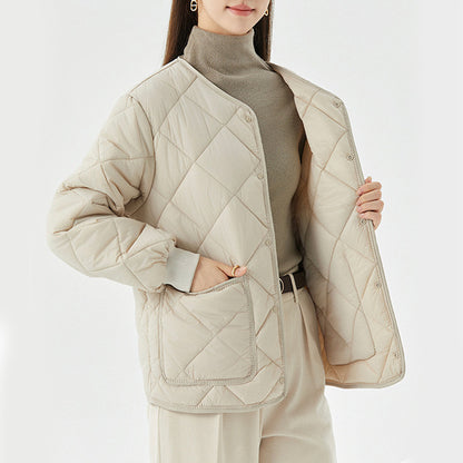 Rhombus Warm Round-Neck Lightweight Jacket With Pockets