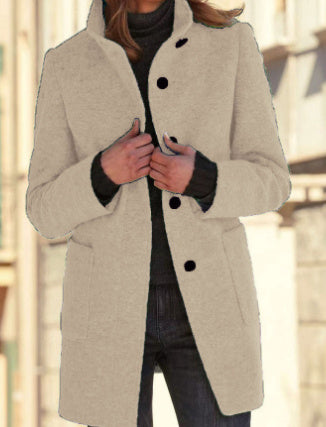 Stand Collar Woolen Coat With Pockets Fall Winter Casual Button Outwear For Women Clothing