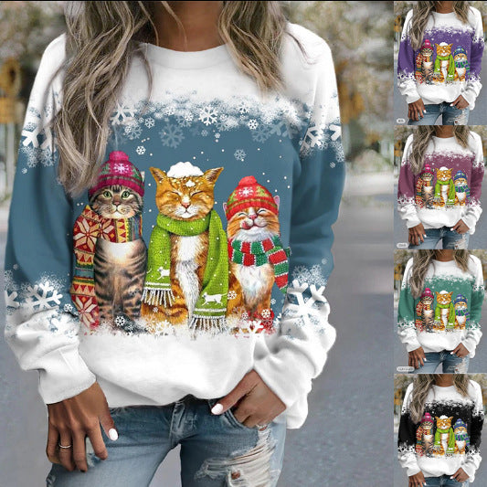 New Snowman And Cat Printed Long Sleeve Sweater