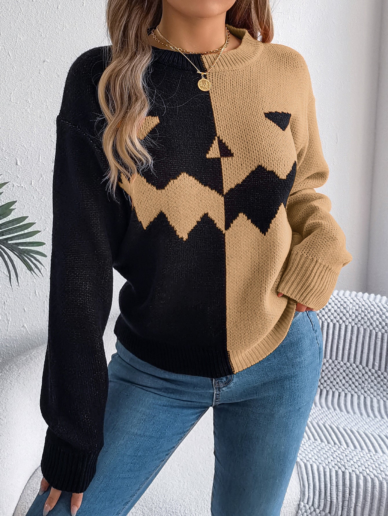 Halloween Contrast-Color Pullover  Long Sweater