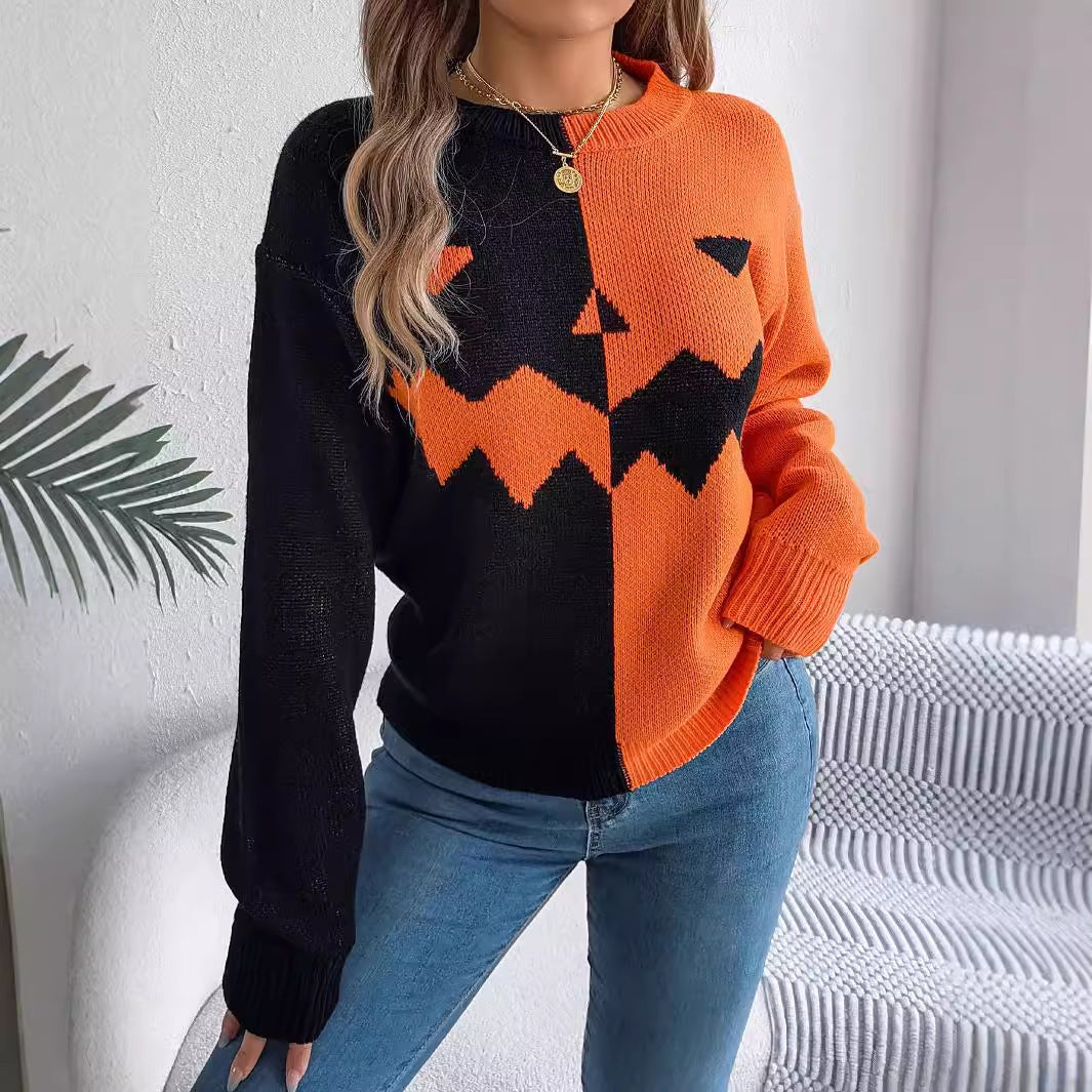 Halloween Contrast-Color Pullover  Long Sweater