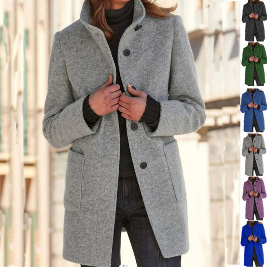 Stand Collar Woolen Coat With Pockets Fall Winter Casual Button Outwear For Women Clothing