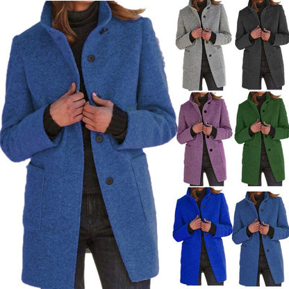 Stand Collar Woolen Coat With Pockets Fall Winter Casual Button Outwear For Women Clothing